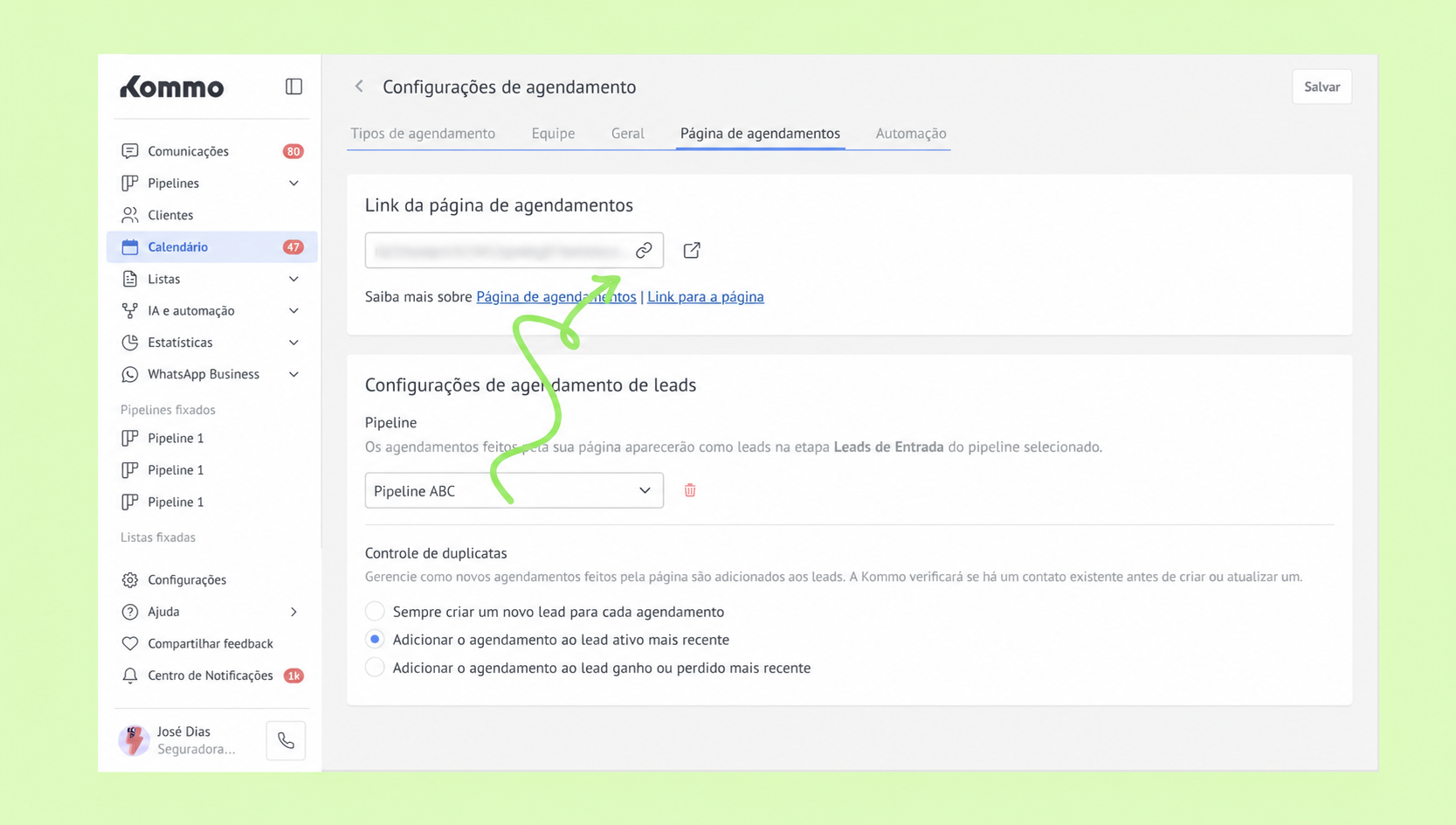 Settings page for scheduling with highlighted link and pipeline options.